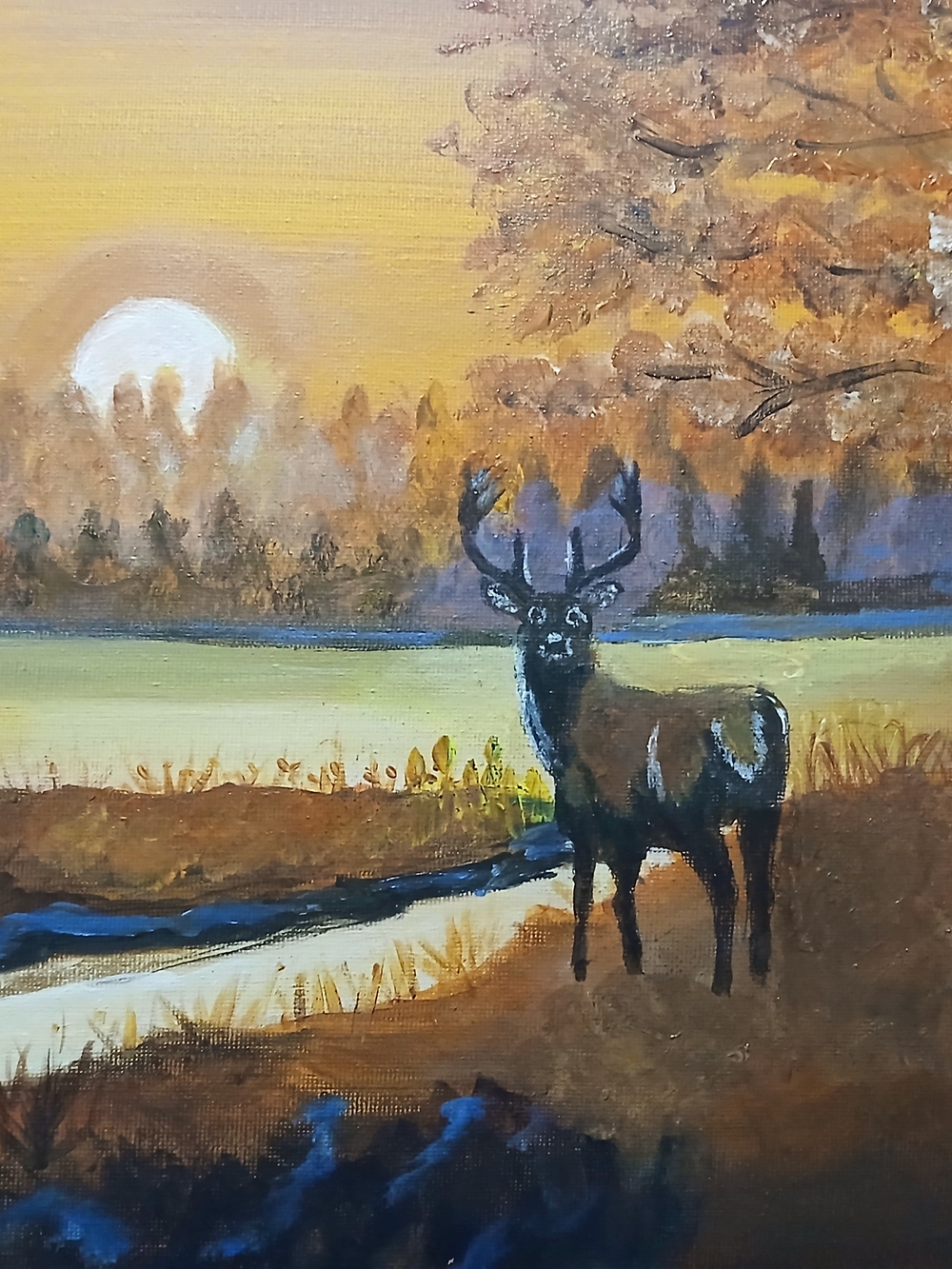 Sunlit Deer Canvas Art - Brown and Gold Nature Scene Acrylic 11x 14